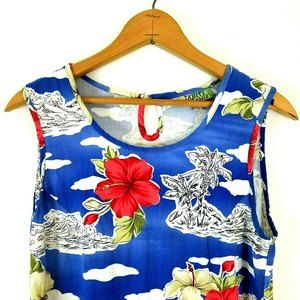 Tahiti Reef Club Womens Summer Dress Small Hibiscus Flowers Blue Skies & Clouds